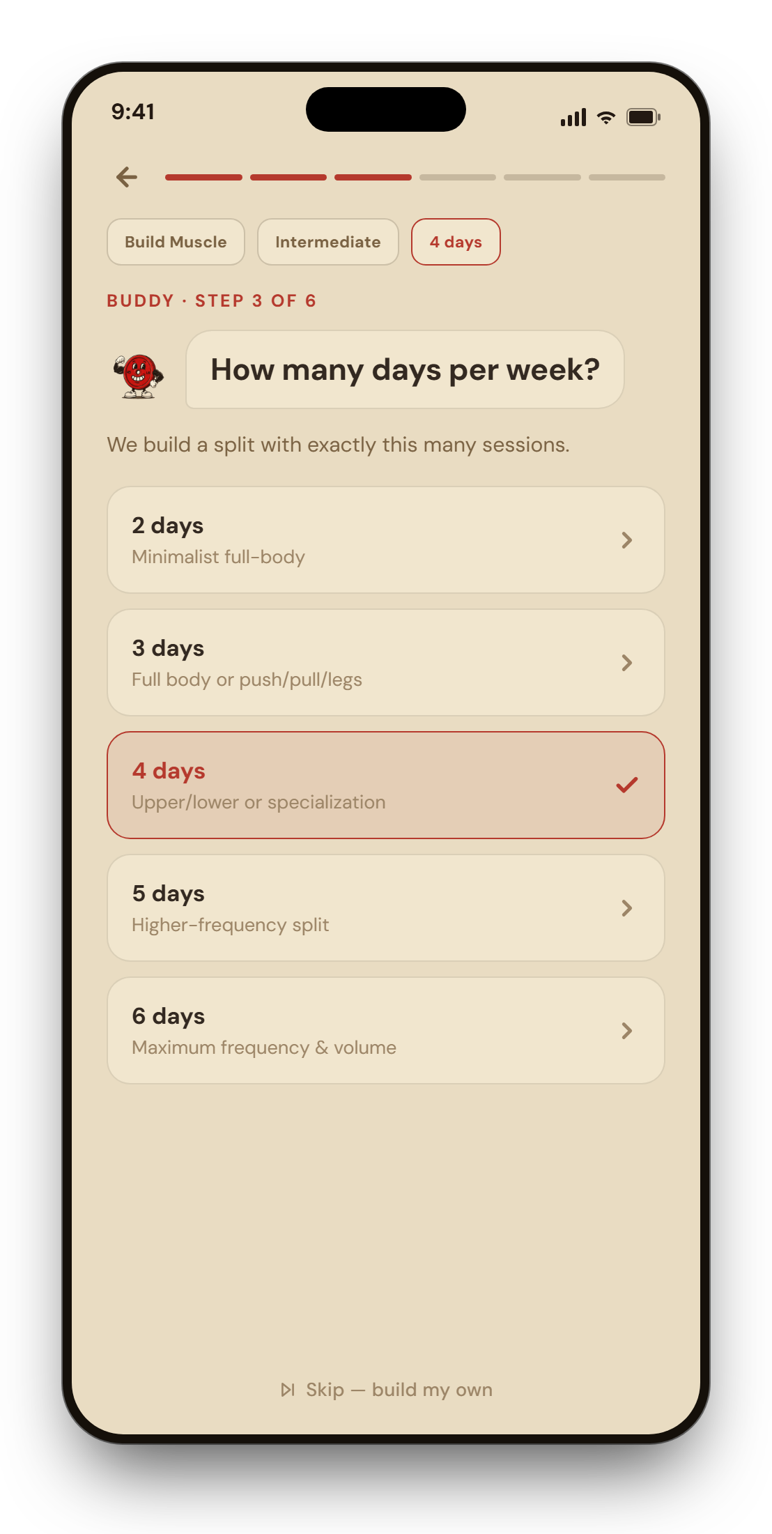 The onboarding quiz titled A plan built for you, asking How many days per week with selectable options from 2 to 6 days and the 4 days option highlighted.