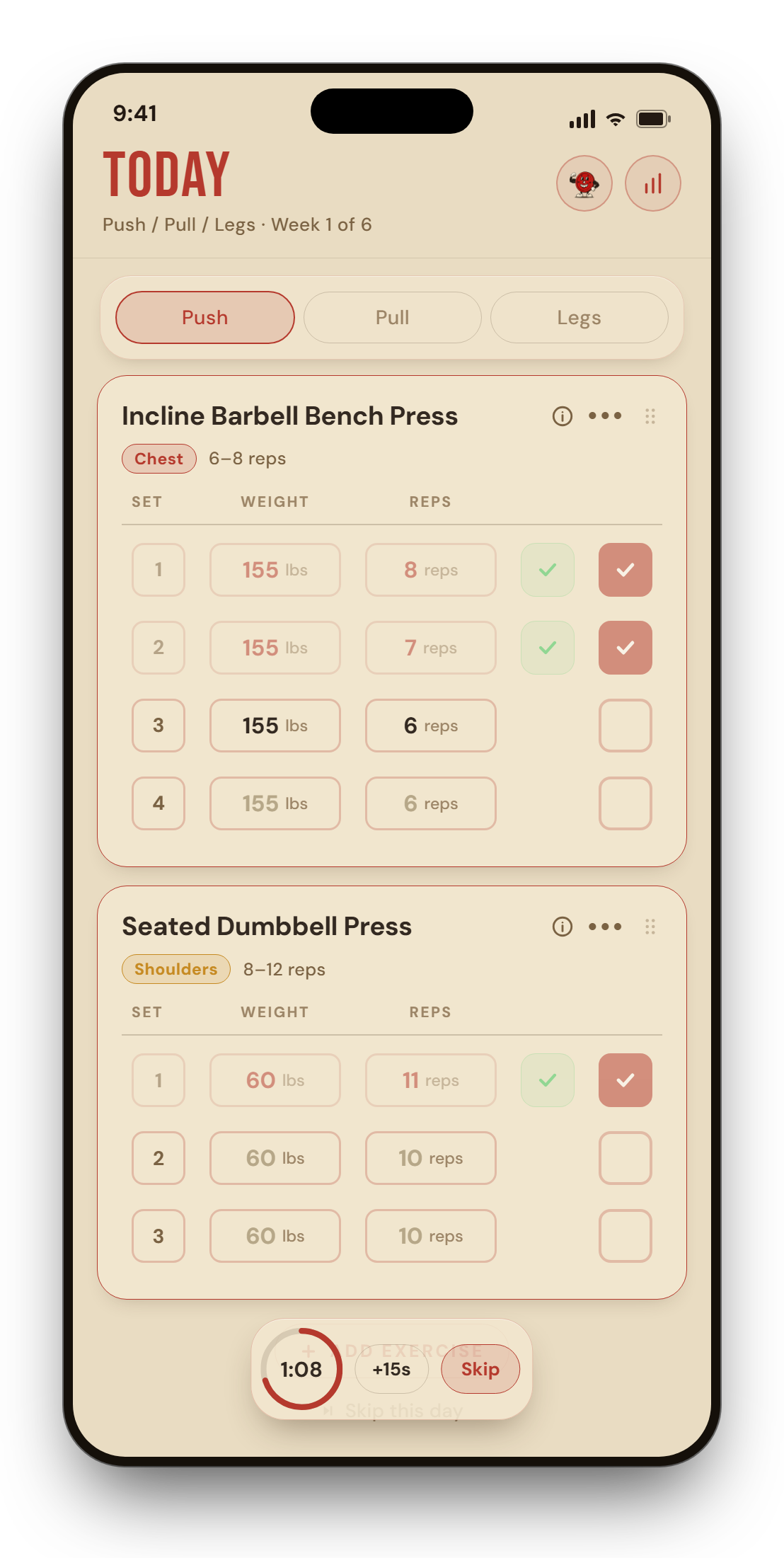 The Today workout screen with Push, Pull and Legs tabs, a set table showing weight and reps with green checkmarks, and a rest-timer pill reading 1:08.